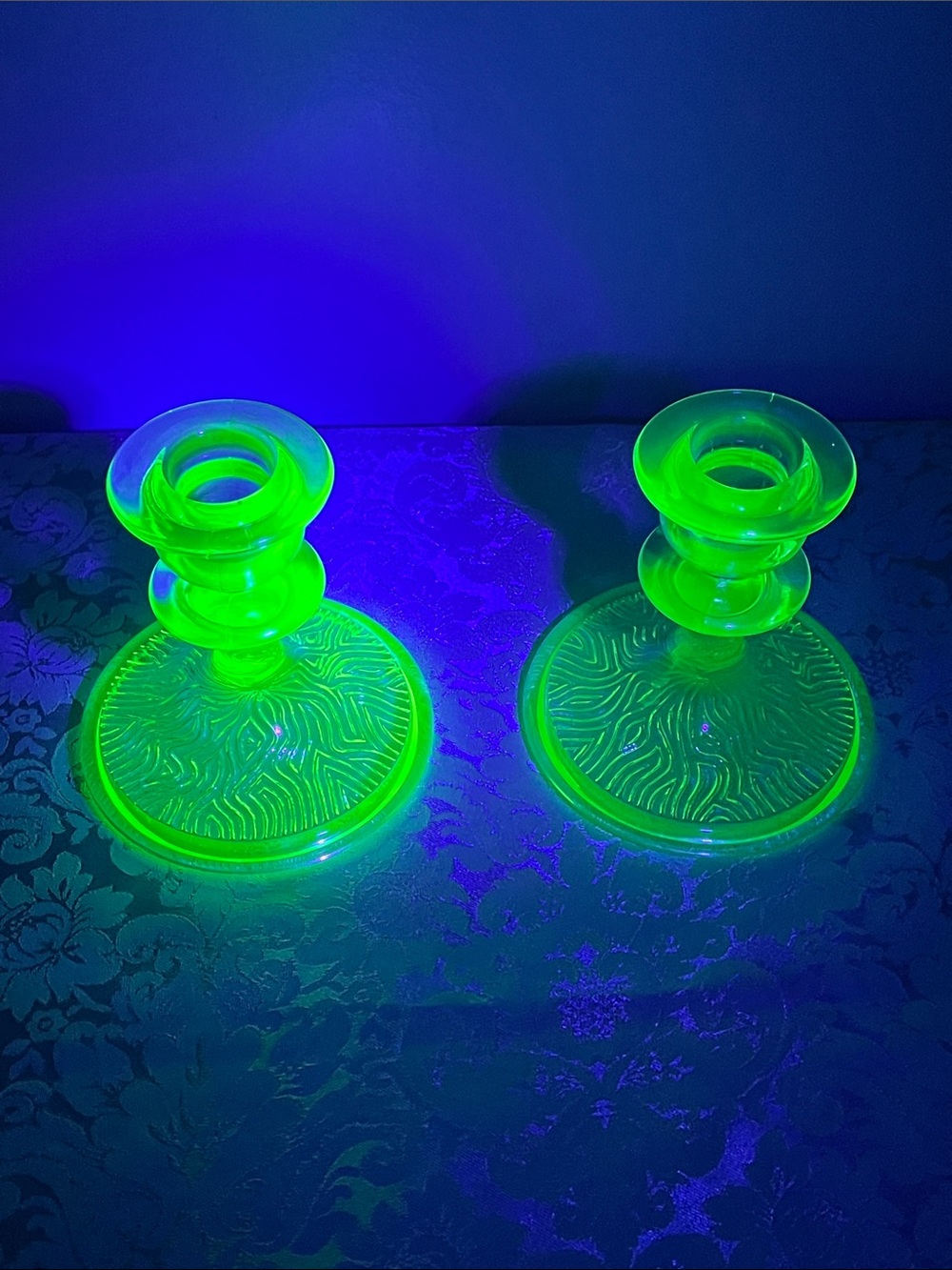 Vintage Jeannette Green Uranium Glass Candlesticks  Swirl Pattern 1930s Glows